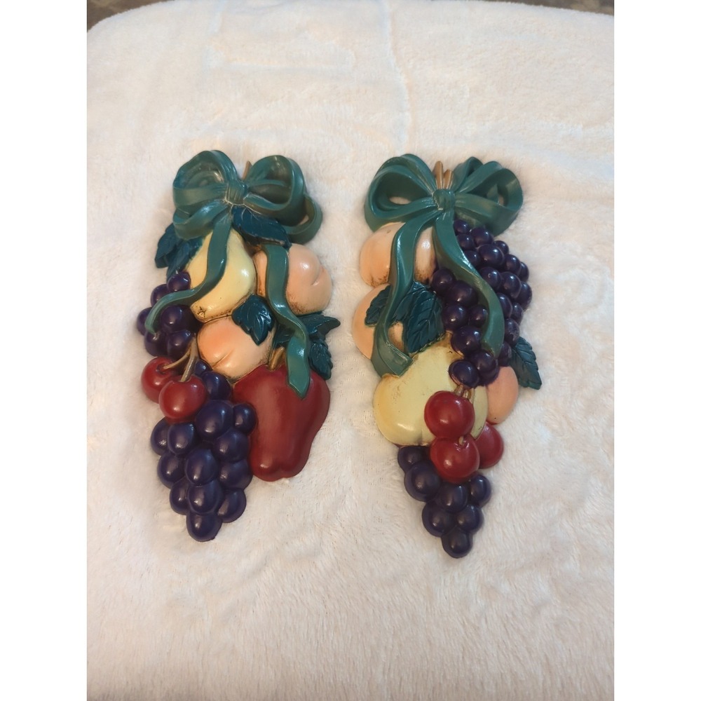 Vintage 1991 Burwood Products Fruit Wall Hanging Pair Wall Decor Kitsch, Ribbons